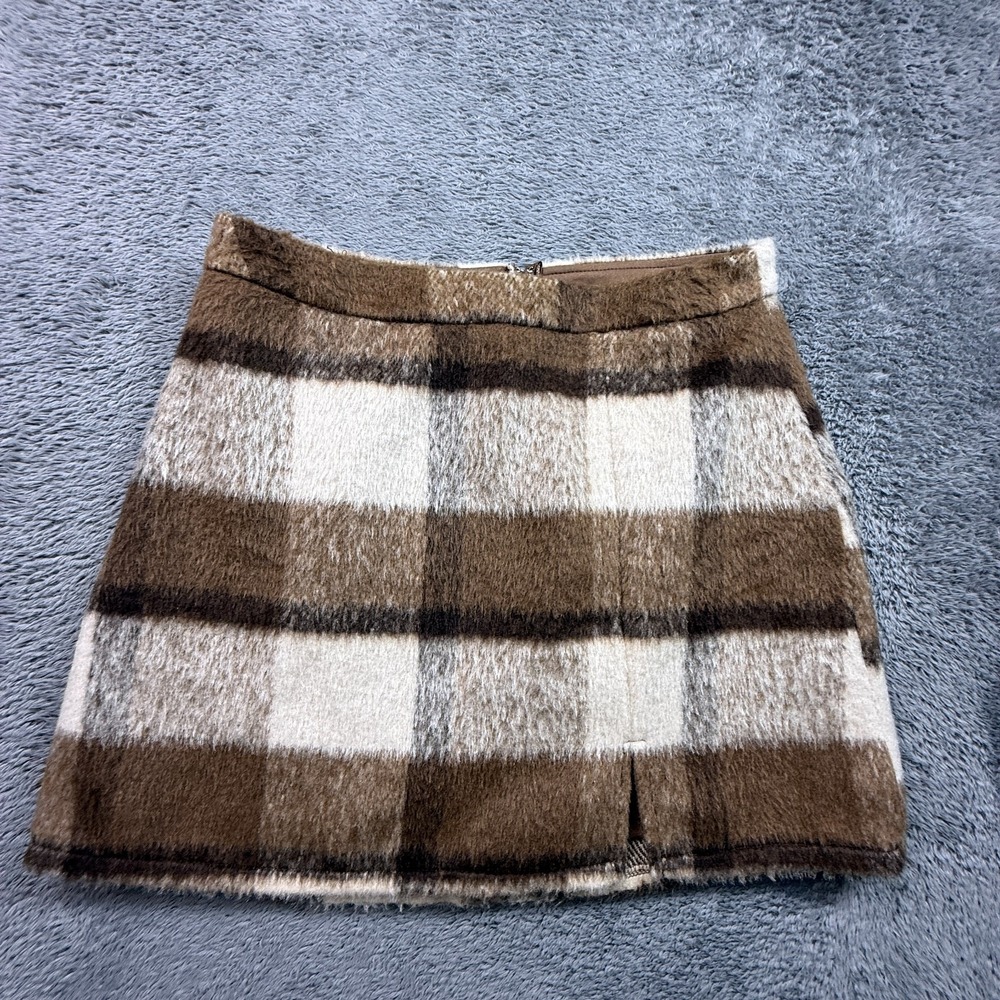 Blue Rain Francescas Faux Fur Mini Skirt Brown Plaid M Lined Retro